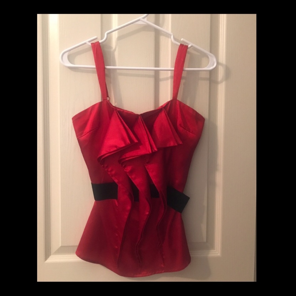 Suzy Shier Red Frilly Red & Black Top